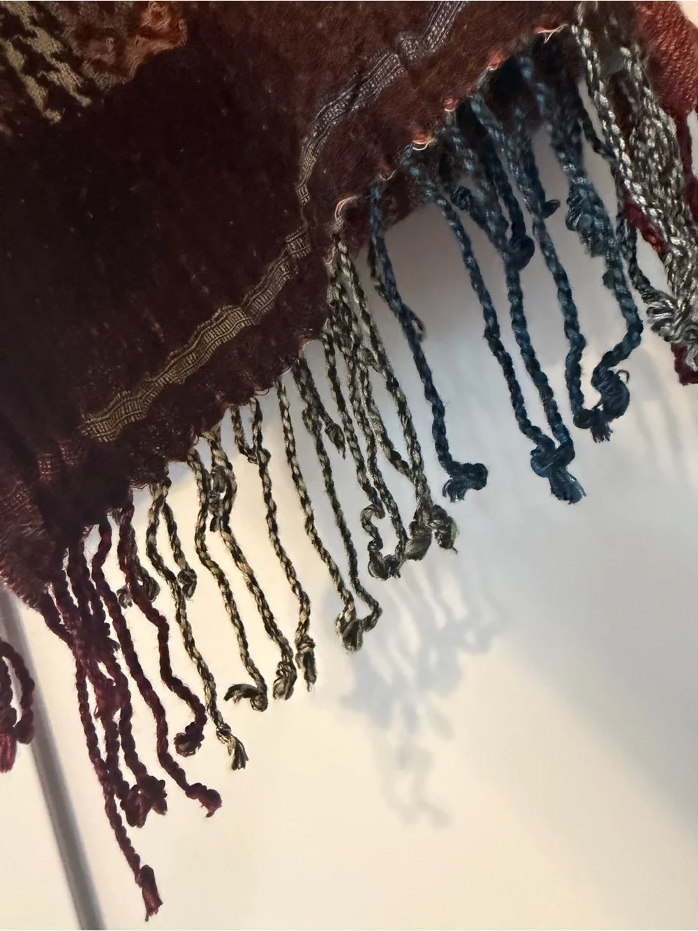 Sacred Threads Wool Viscose Patchwork Fringe Scarf Burgundy Boho
